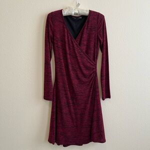 Women’s Prana lined surplice neck dress, marbled red, size XS